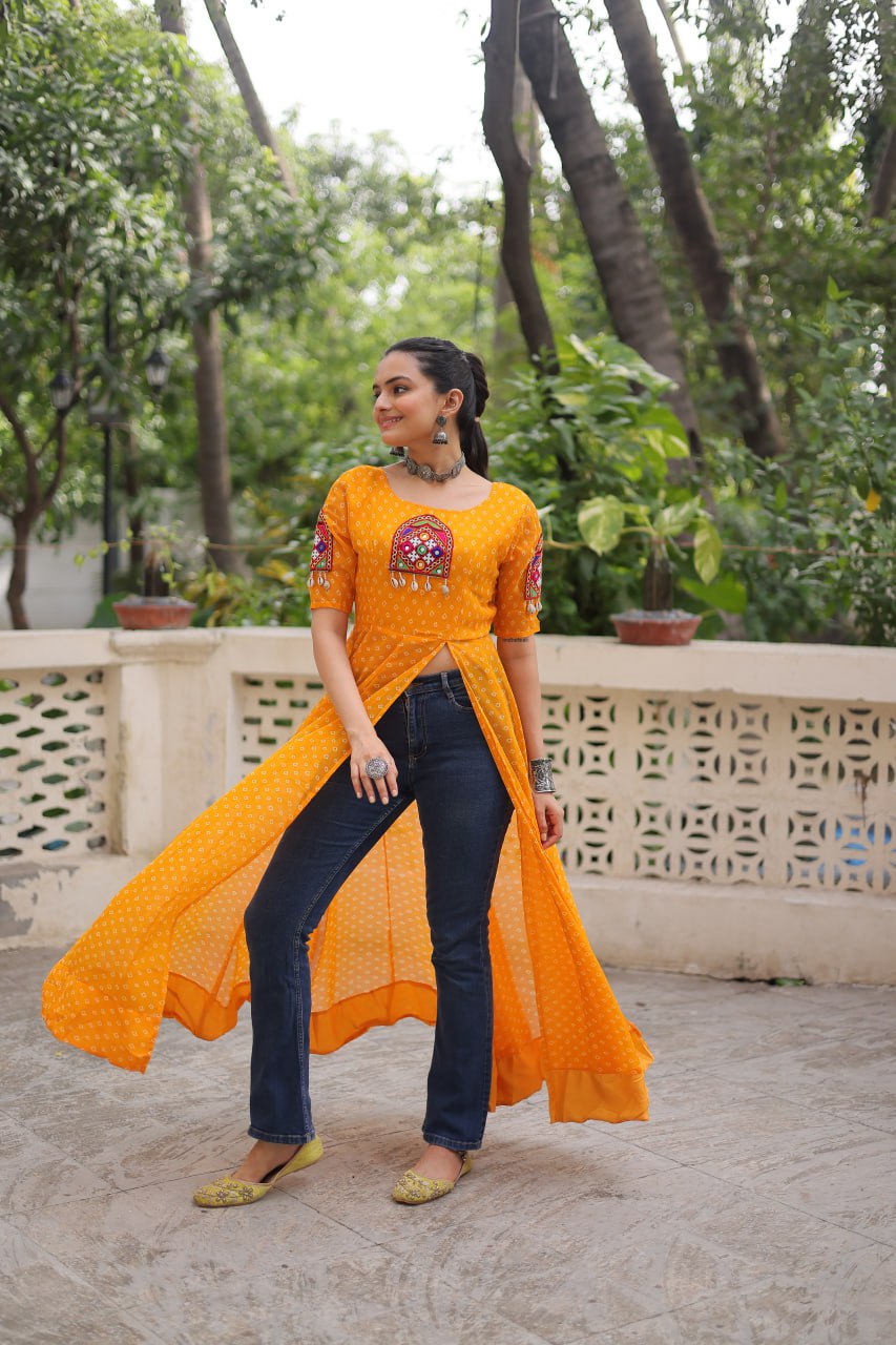 Yellow Bandhani Print Kurti with Kutchi Patchwork Detailing