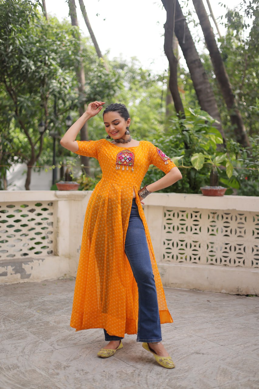Yellow Bandhani Print Kurti with Kutchi Patchwork Detailing