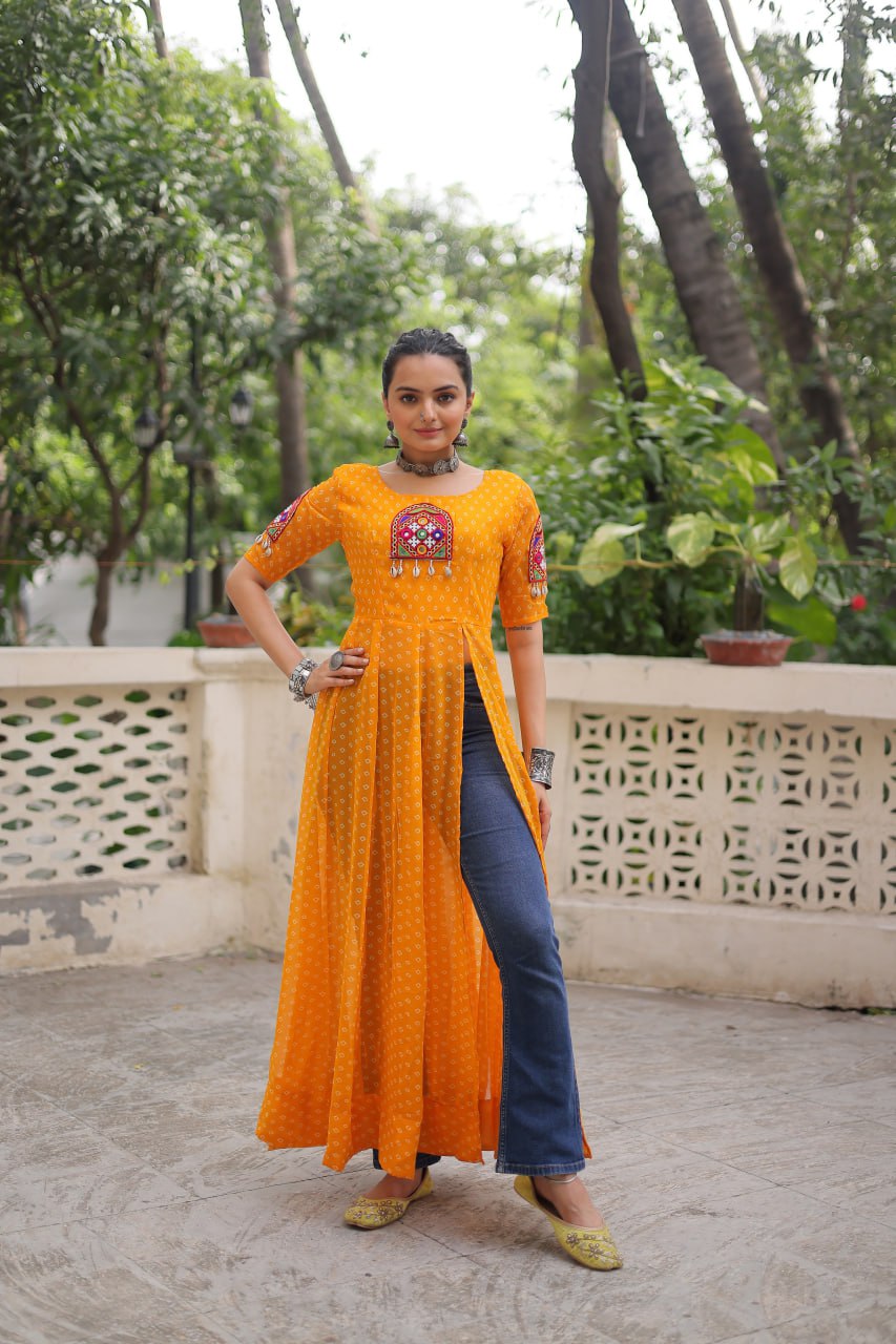 Yellow Bandhani Print Kurti with Kutchi Patchwork Detailing