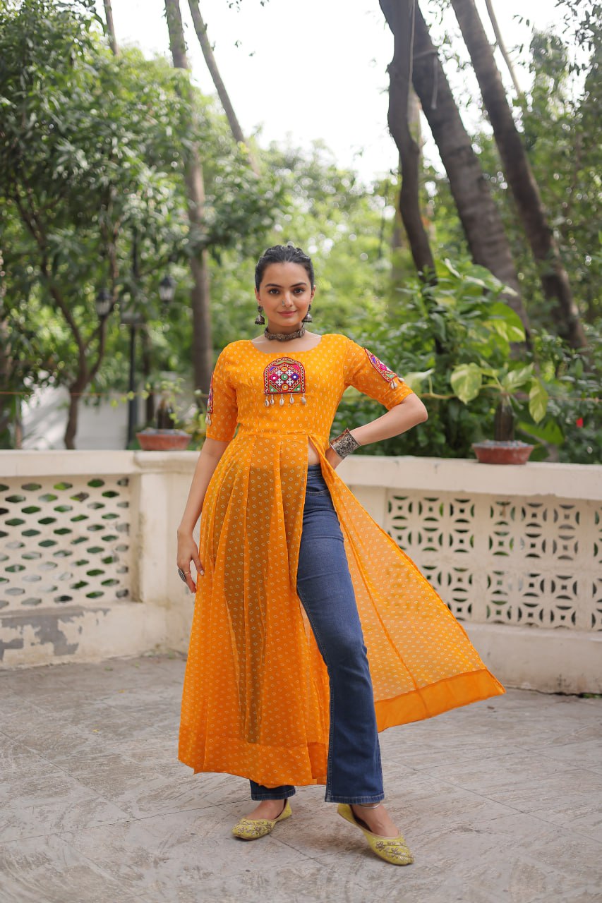 Yellow Bandhani Print Kurti with Kutchi Patchwork Detailing