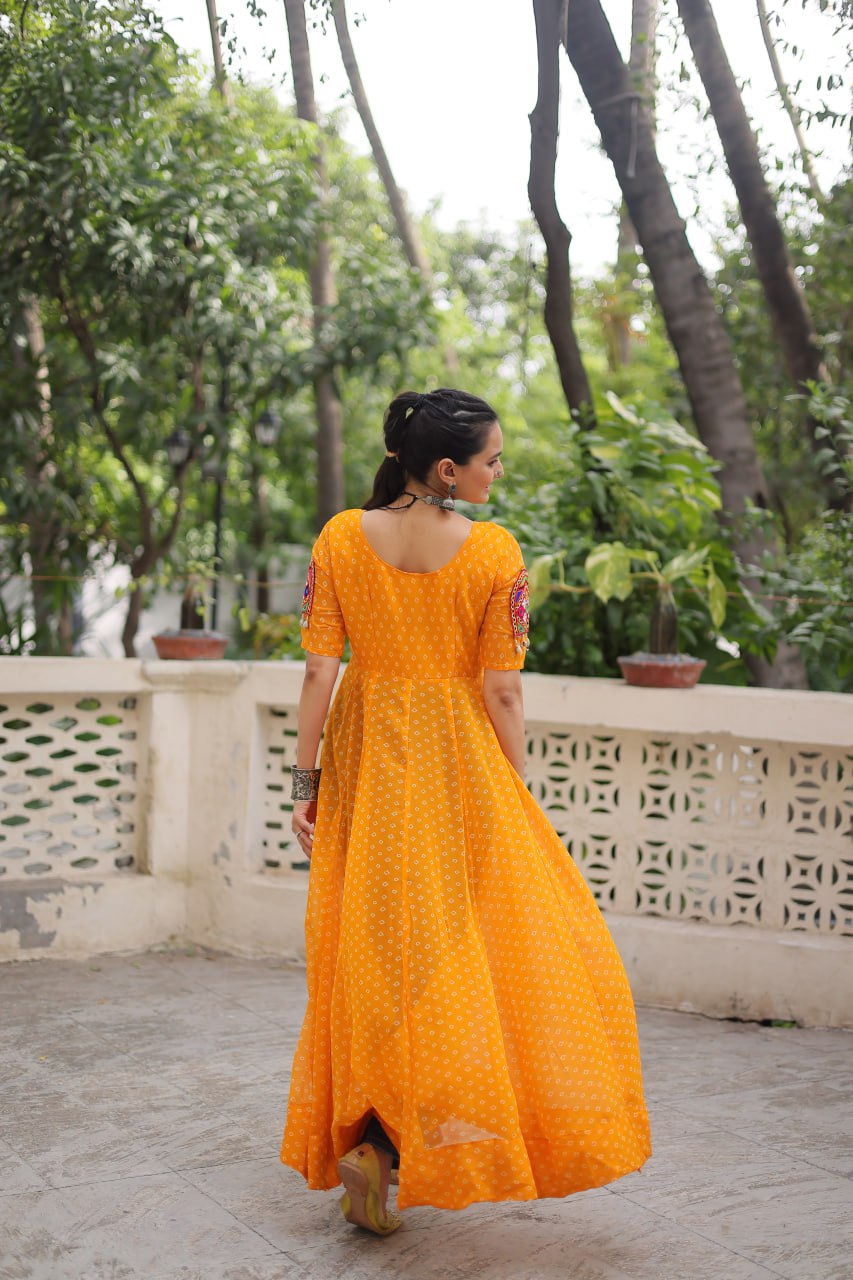 Yellow Bandhani Print Kurti with Kutchi Patchwork Detailing