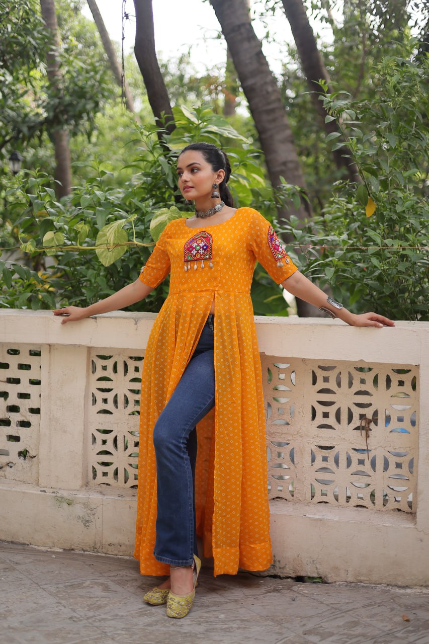 Yellow Bandhani Print Kurti with Kutchi Patchwork Detailing