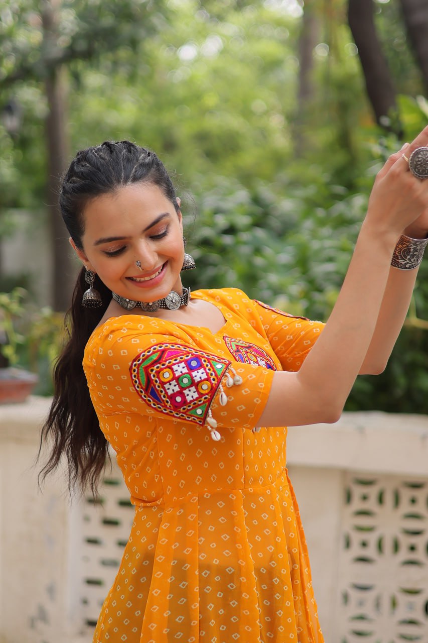 Yellow Bandhani Print Kurti with Kutchi Patchwork Detailing