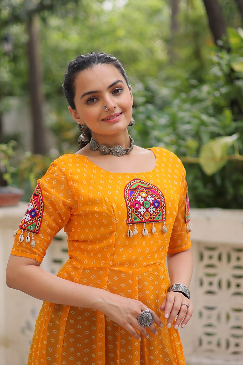 Yellow Bandhani Print Kurti with Kutchi Patchwork Detailing