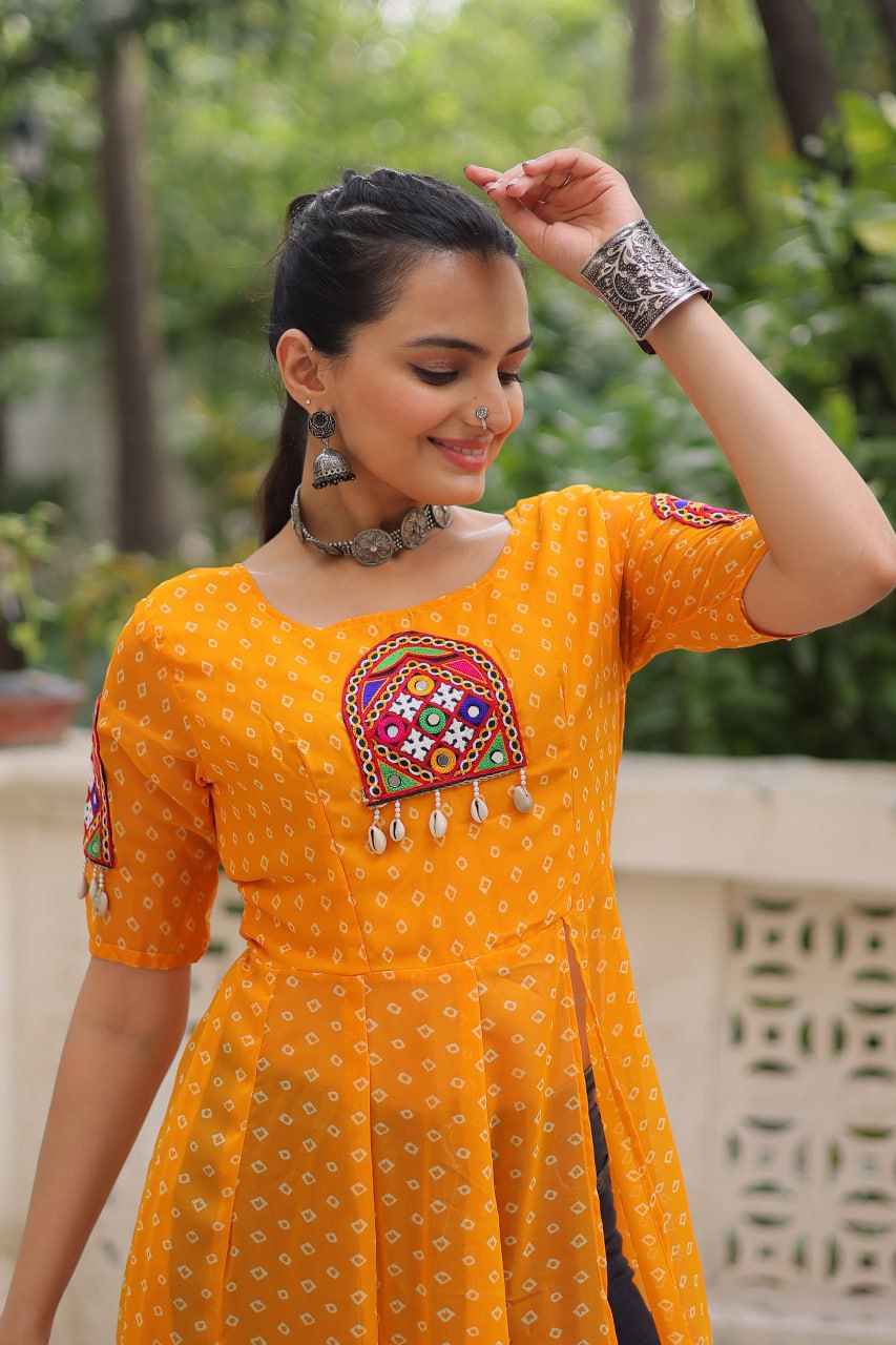 Yellow Bandhani Print Kurti with Kutchi Patchwork Detailing