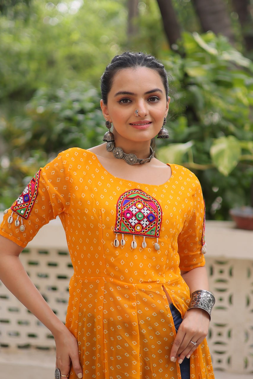 Yellow Bandhani Print Kurti with Kutchi Patchwork Detailing