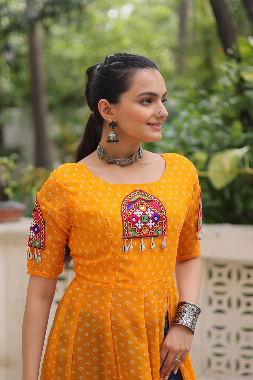 Yellow Bandhani Print Kurti with Kutchi Patchwork Detailing