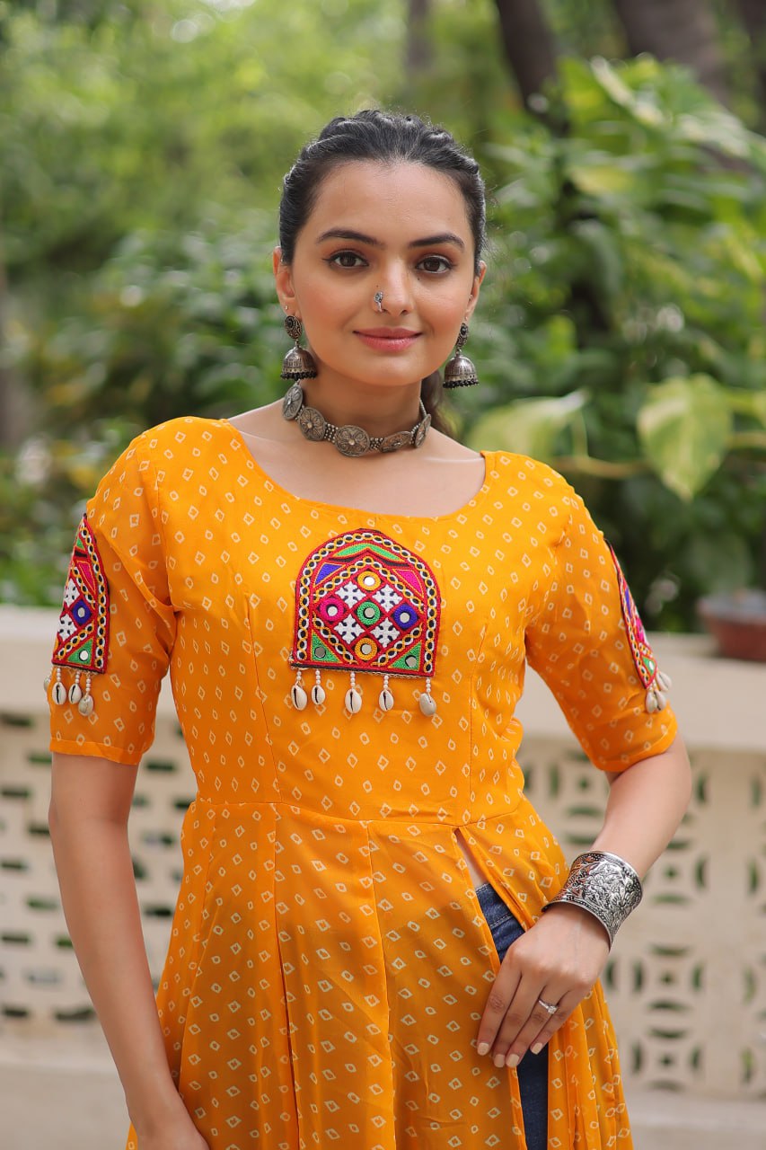 Yellow Bandhani Print Kurti with Kutchi Patchwork Detailing