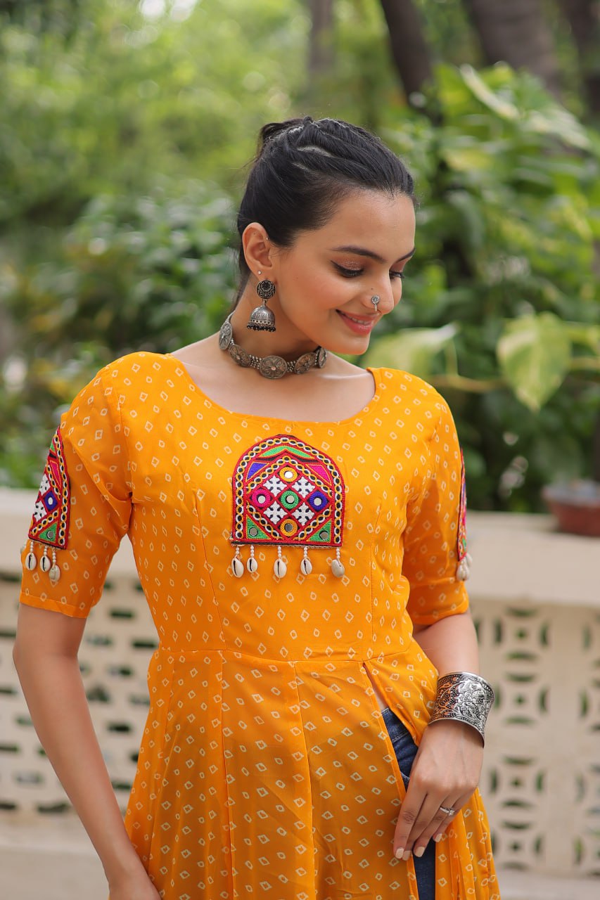 Yellow Bandhani Print Kurti with Kutchi Patchwork Detailing