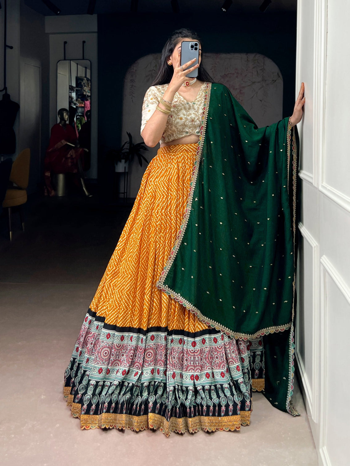 Yellow Bandhej & Ajrakh Printed Lehenga Choli Set