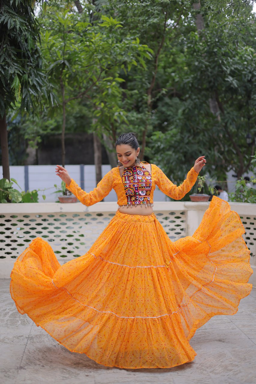 Yellow Bandhej Print Faux Georgette Lehenga Choli Set with Gotta Patti & Gamthi Embroidery – Stitched