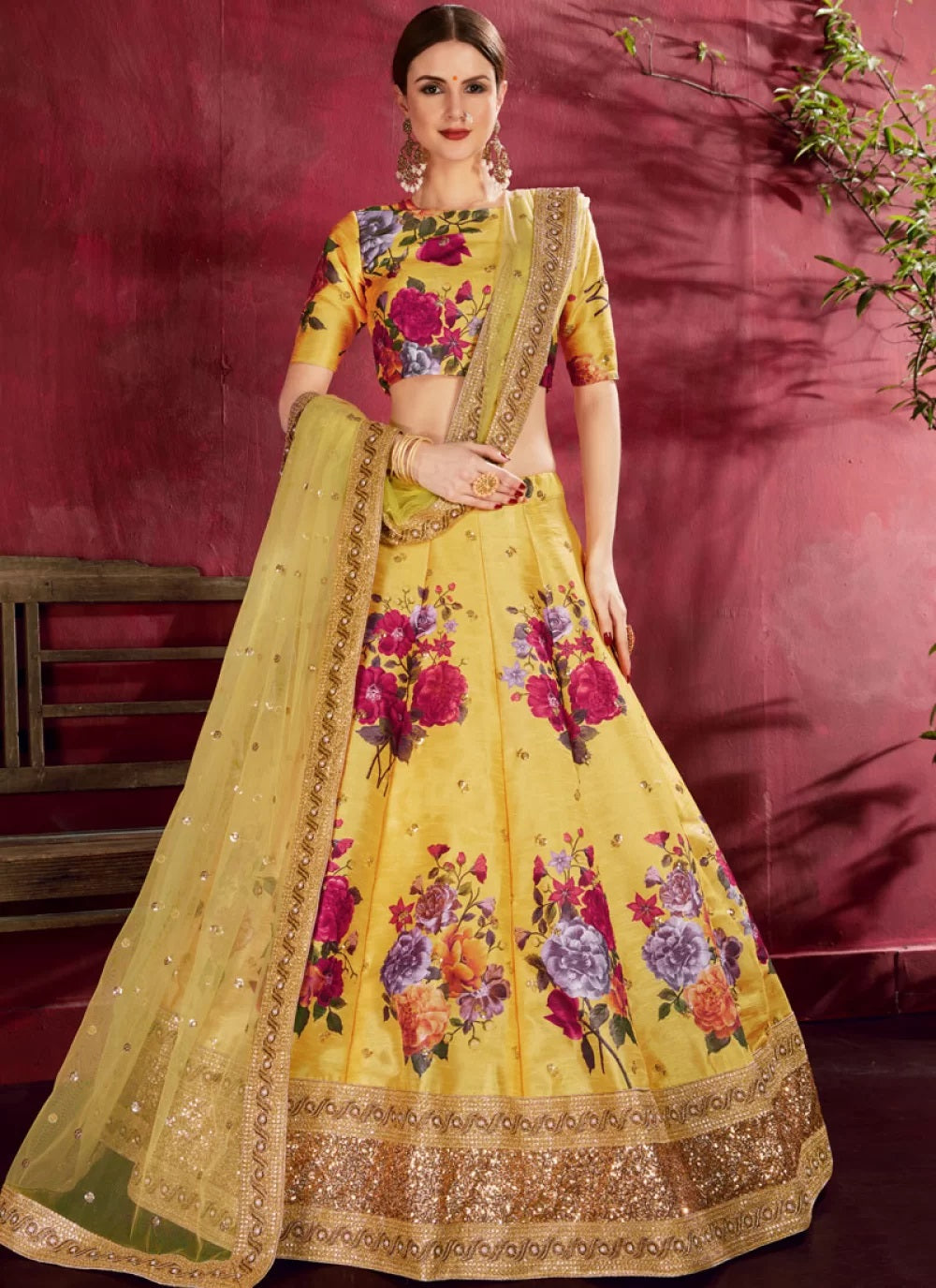 Yellow bangalori silk printed party lehenga
