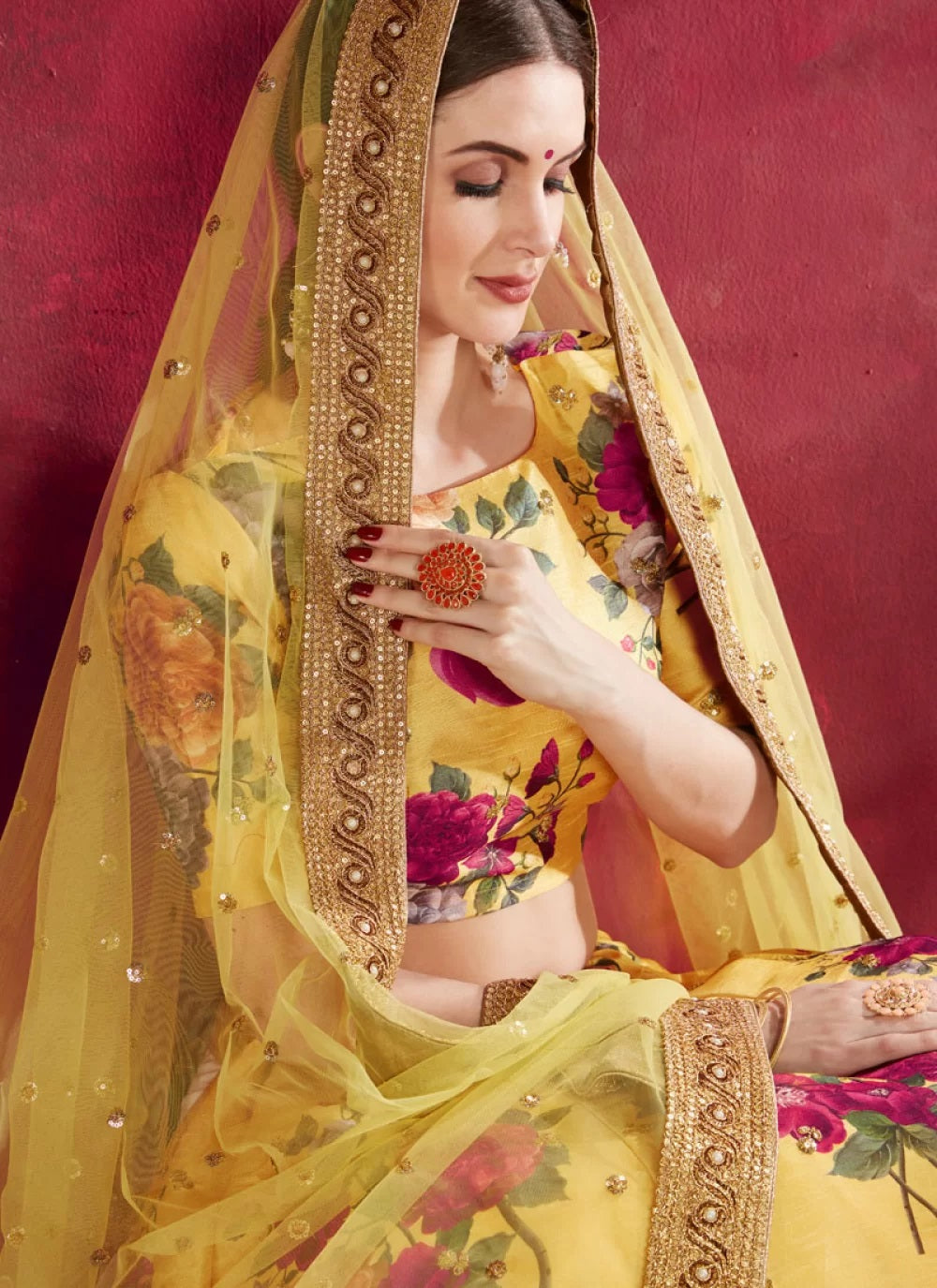 Yellow bangalori silk printed party lehenga