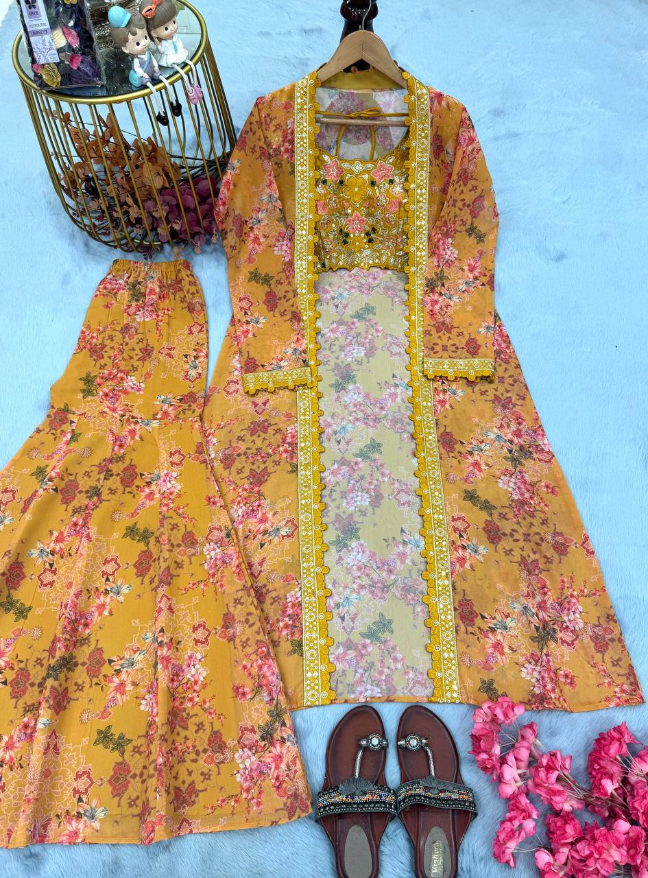 Yellow Bollywood Style Indo-Western Koti, Plazzo & Blouse Set with Floral Digital Print & 5MM Sequins Work