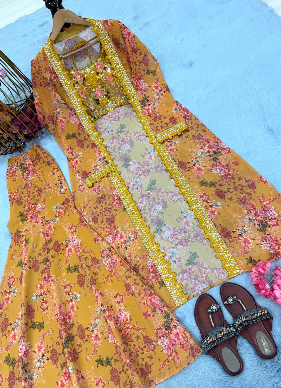 Yellow Bollywood Style Indo-Western Koti, Plazzo & Blouse Set with Floral Digital Print & 5MM Sequins Work