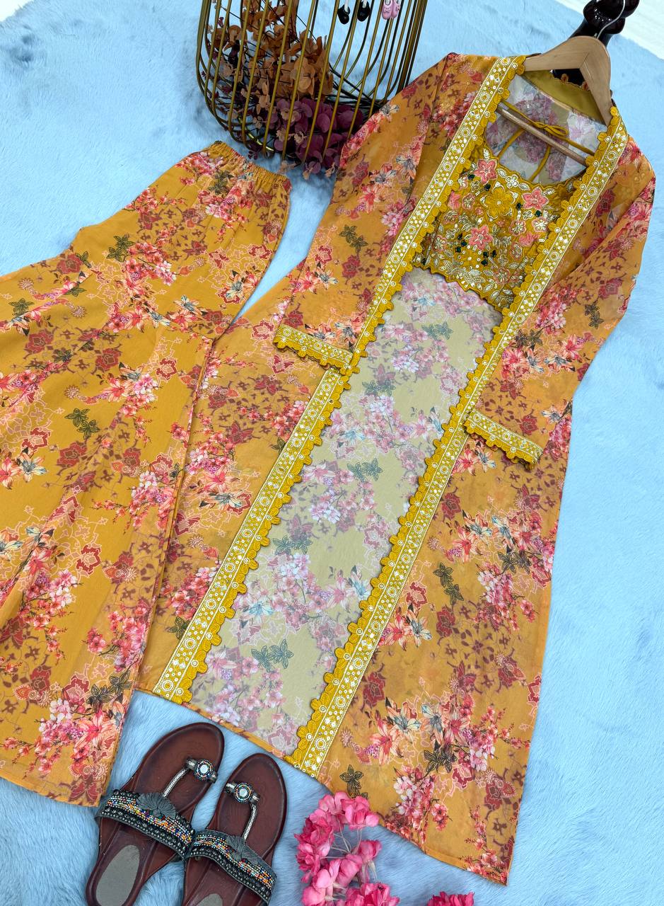 Yellow Bollywood Style Indo-Western Koti, Plazzo & Blouse Set with Floral Digital Print & 5MM Sequins Work