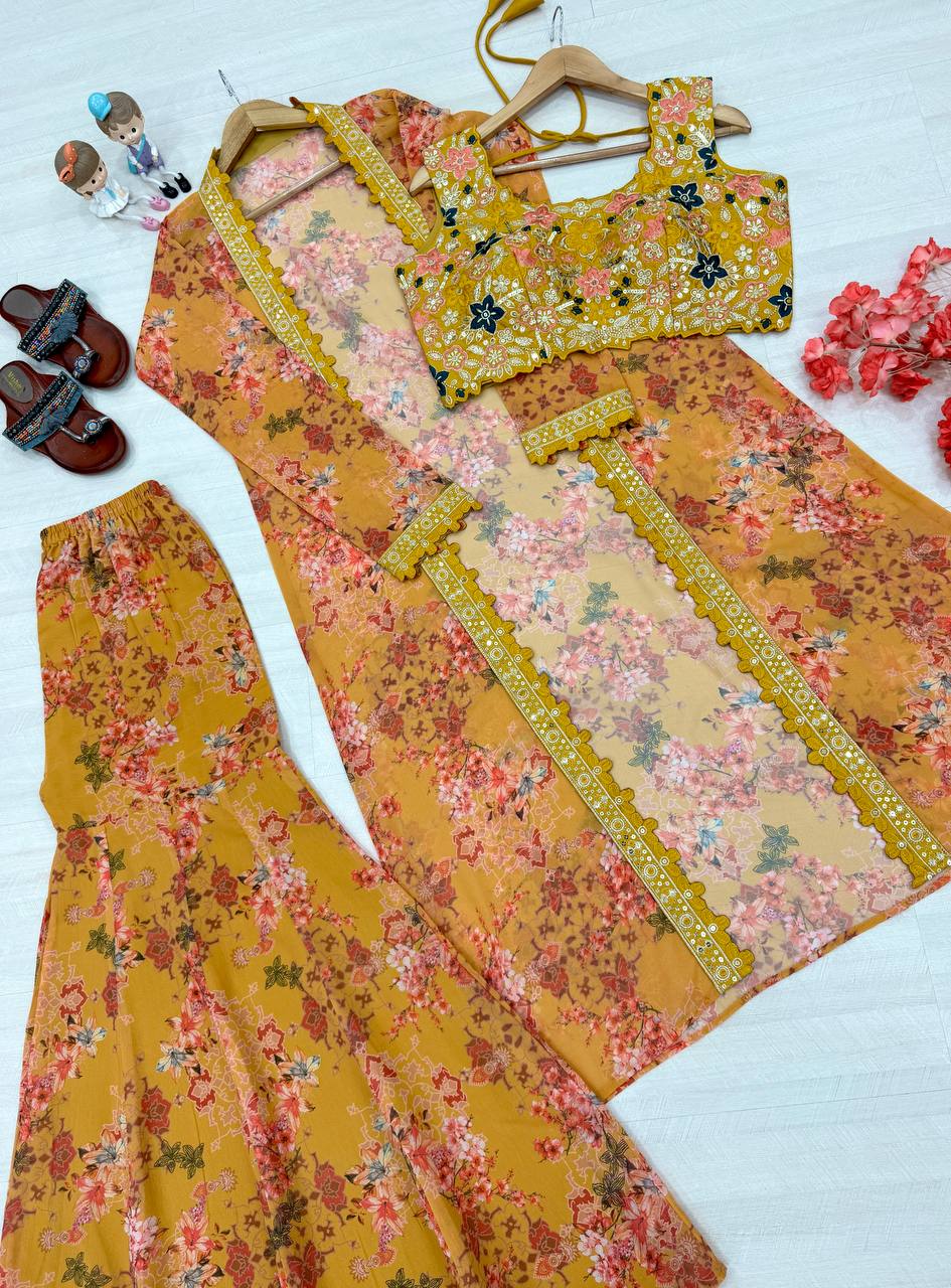 Yellow Bollywood Style Indo-Western Koti, Plazzo & Blouse Set with Floral Digital Print & 5MM Sequins Work