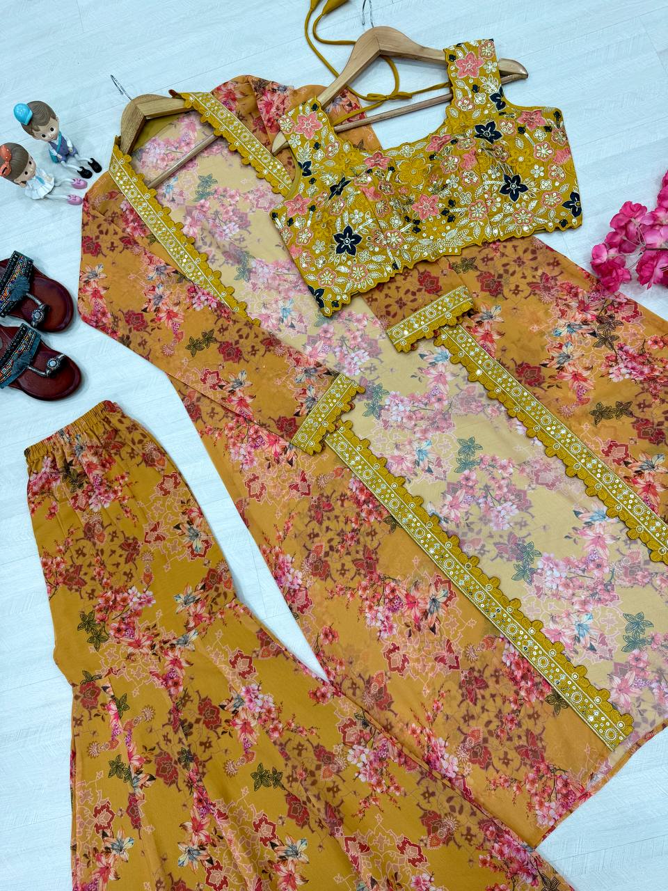 Yellow Bollywood Style Indo-Western Koti, Plazzo & Blouse Set with Floral Digital Print & 5MM Sequins Work