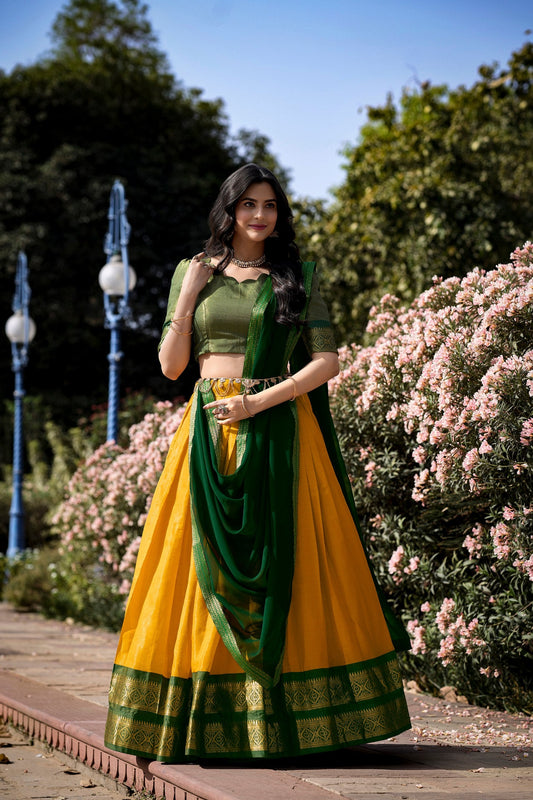 Yellow Breathtaking South-Indian Kanchipuram Silk Lehenga Choli Set with Zari Weaving