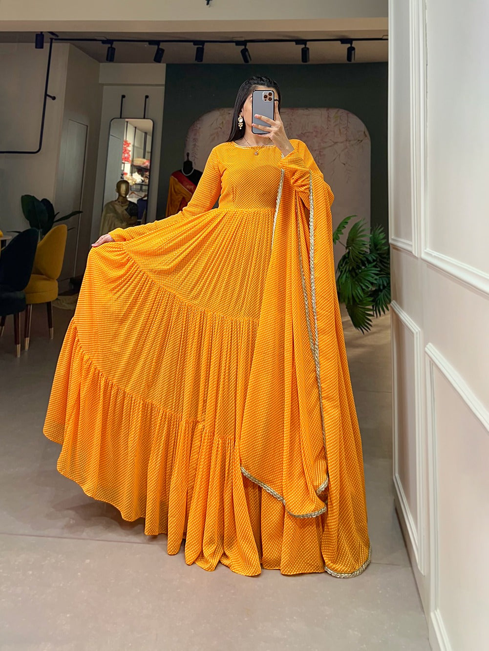 Yellow Butterfly Bliss Printed Georgette Gown with Shimmering Dupatta - Ready to Wear