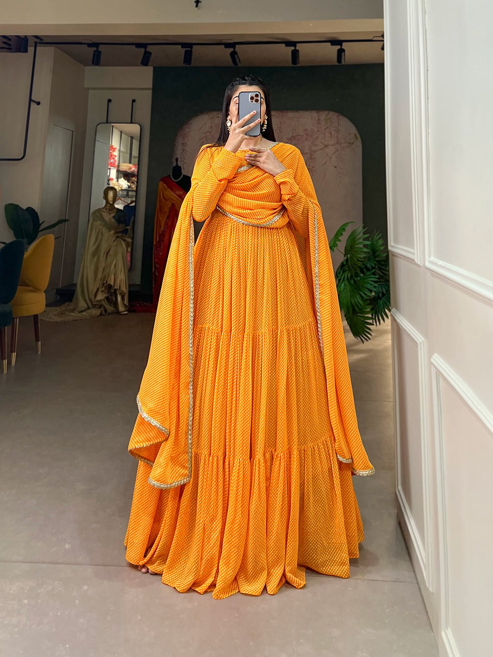 Yellow Butterfly Bliss Printed Georgette Gown with Shimmering Dupatta - Ready to Wear