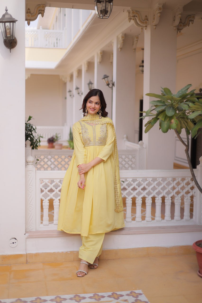 Yellow Chanderi Embroidered Gown Set