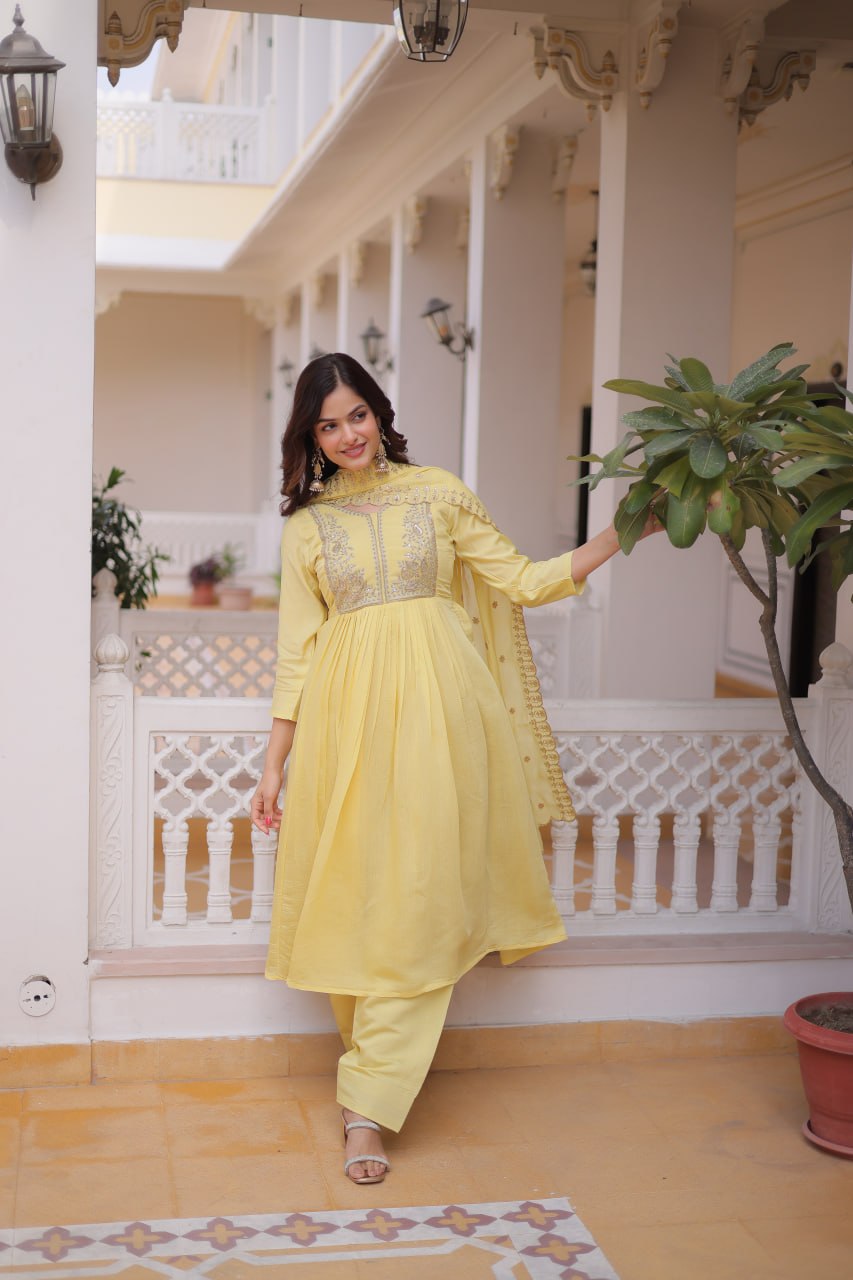 Yellow Chanderi Embroidered Gown Set