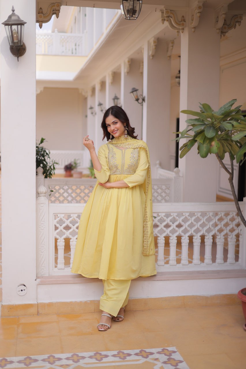 Yellow Chanderi Embroidered Gown Set