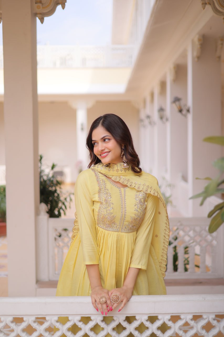 Yellow Chanderi Embroidered Gown Set