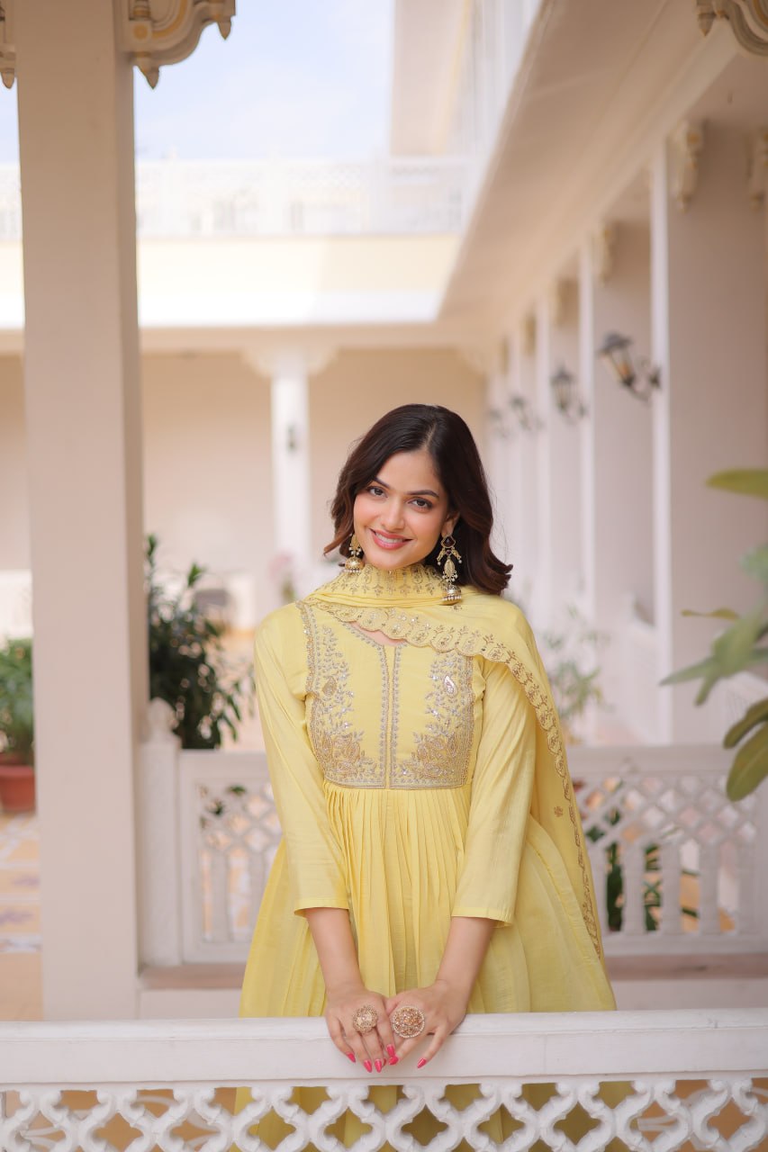 Yellow Chanderi Embroidered Gown Set