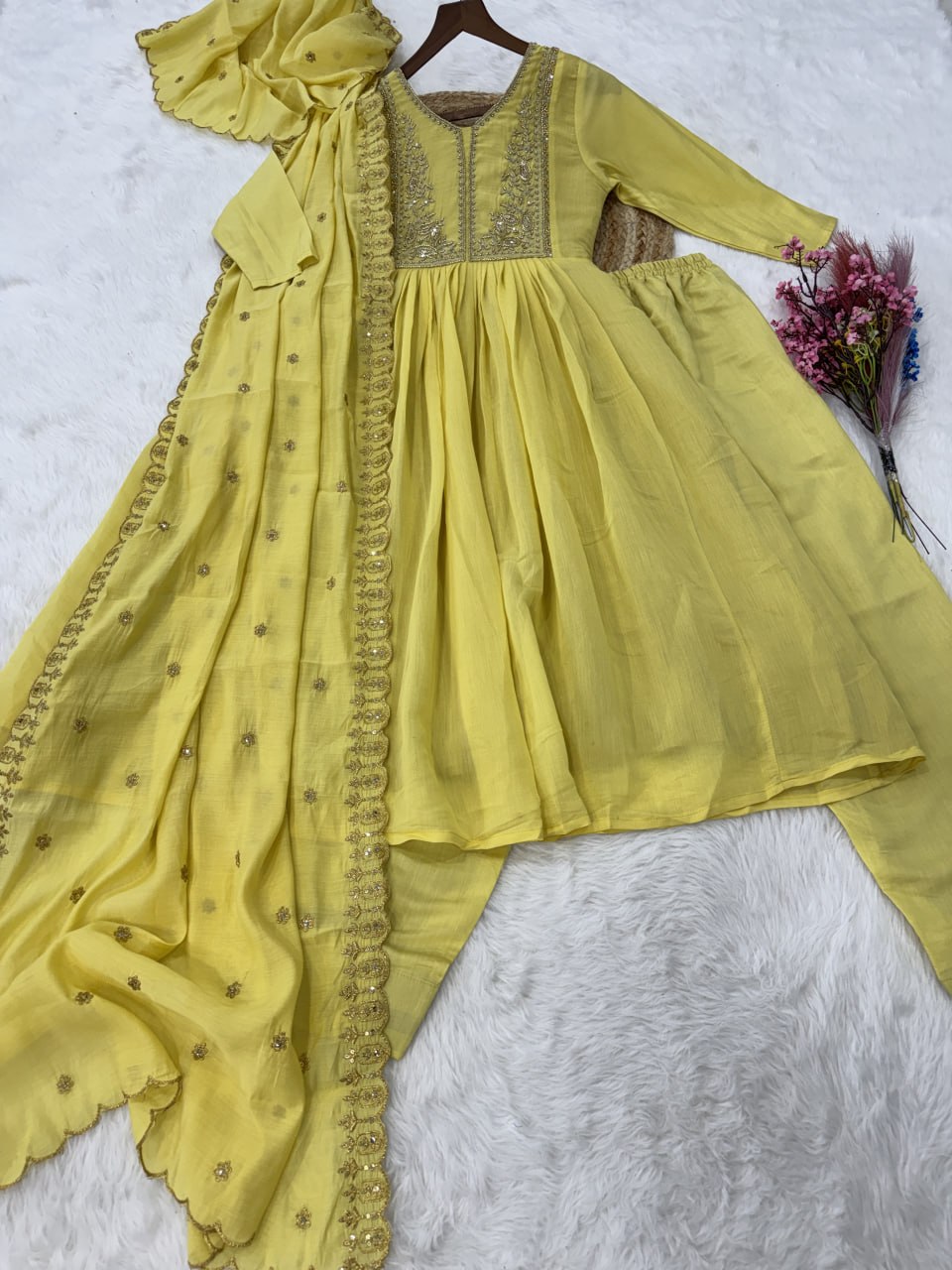 Yellow Chanderi Embroidered Gown Set