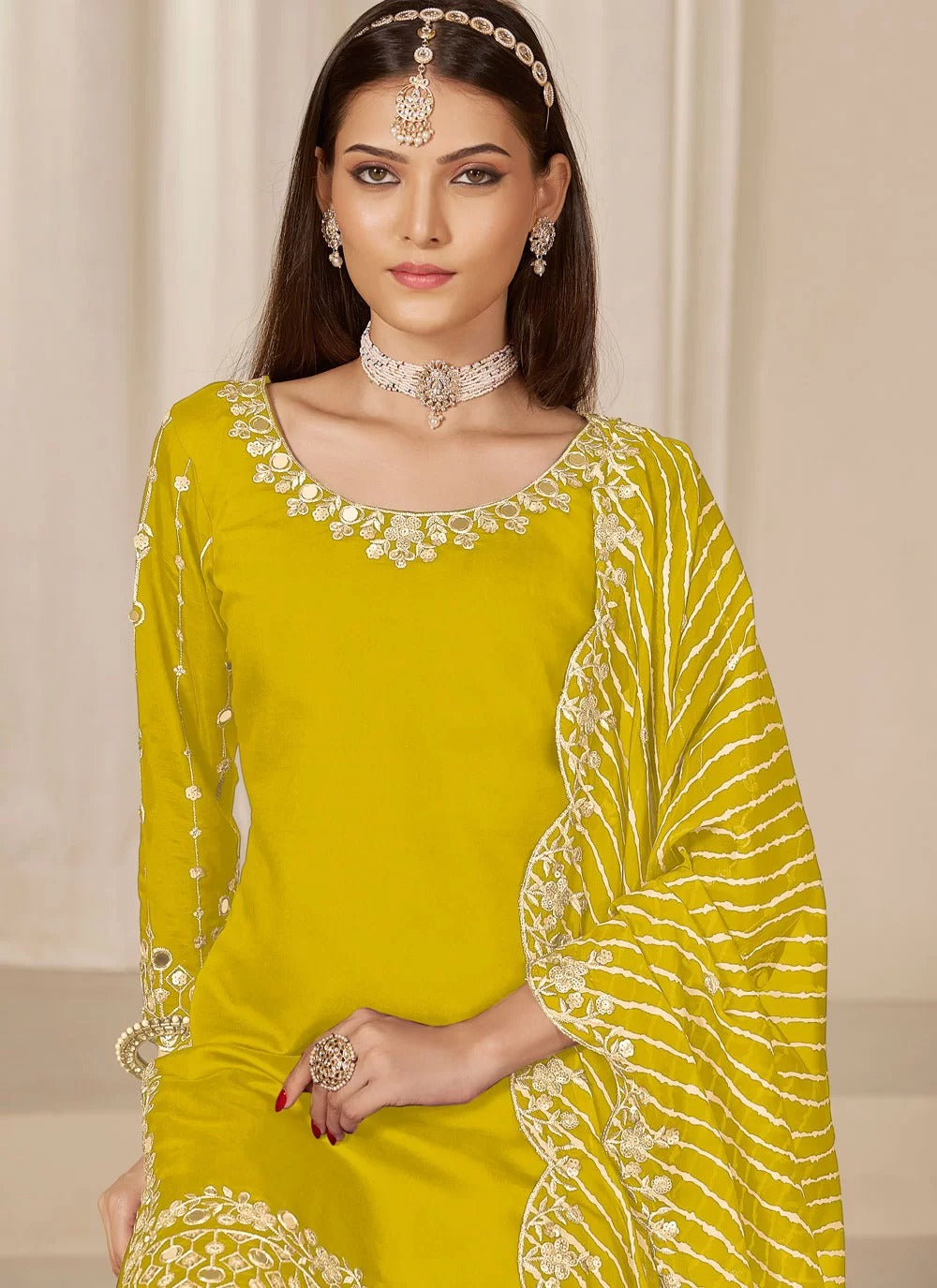 Radiant yellow chanderi silk punjabi suit with mirror embroidery