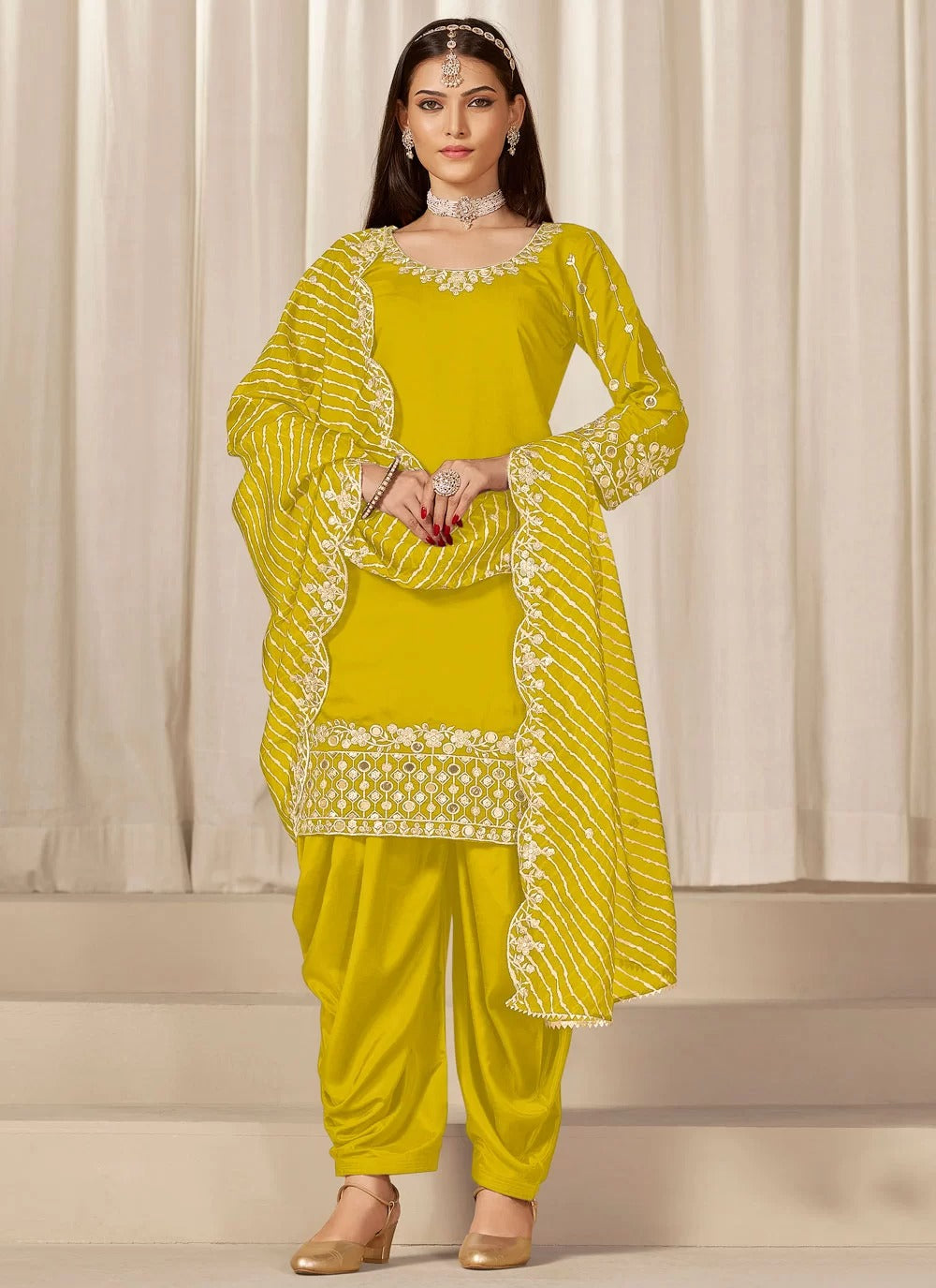 Radiant yellow chanderi silk punjabi suit with mirror embroidery