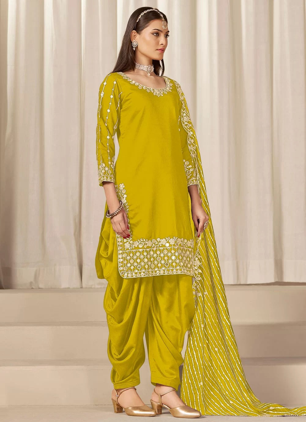Radiant yellow chanderi silk punjabi suit with mirror embroidery