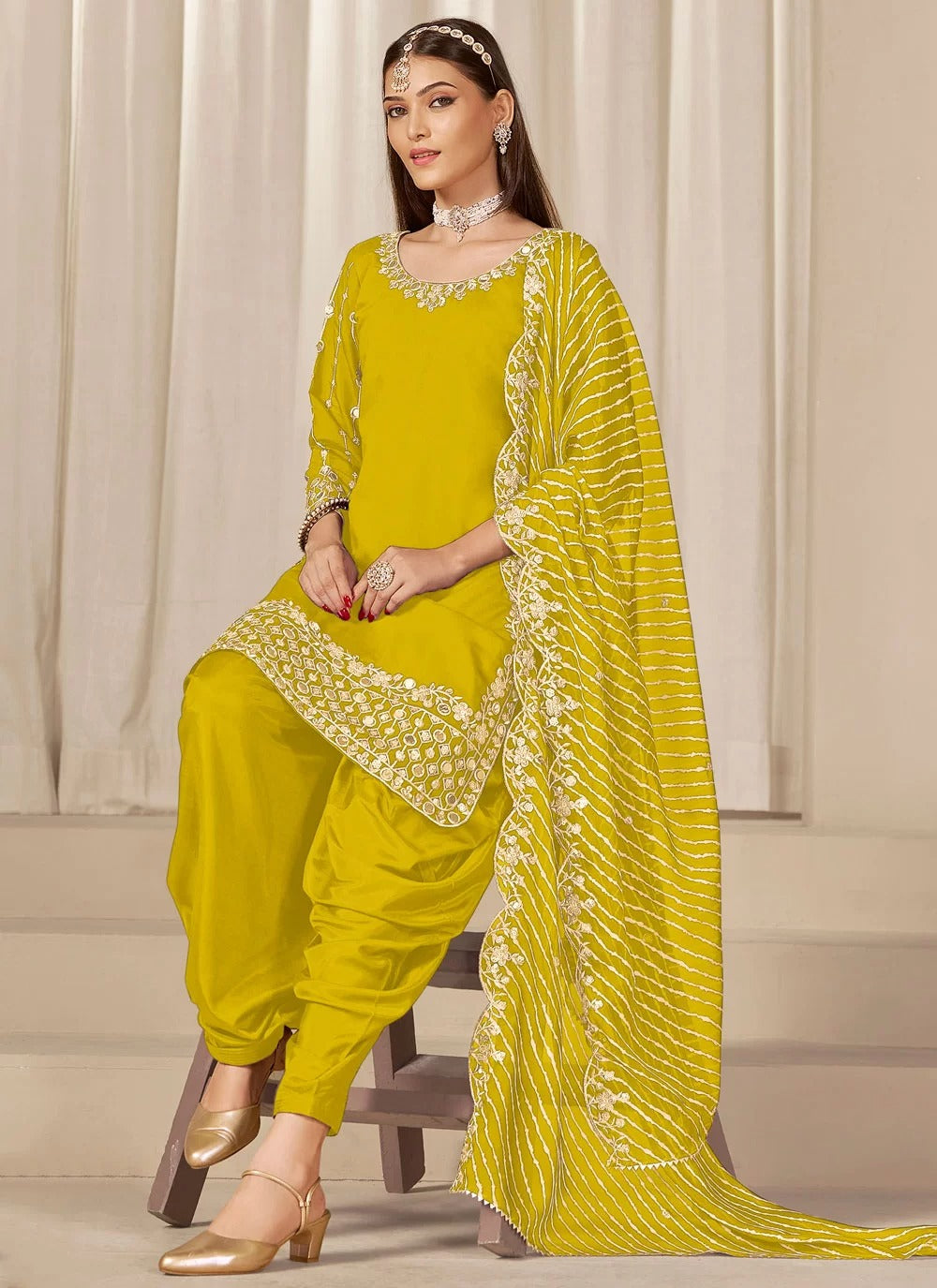 Radiant yellow chanderi silk punjabi suit with mirror embroidery