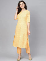 Libas Yellow Checkered Cotton A-Line Kurta With Trousers
