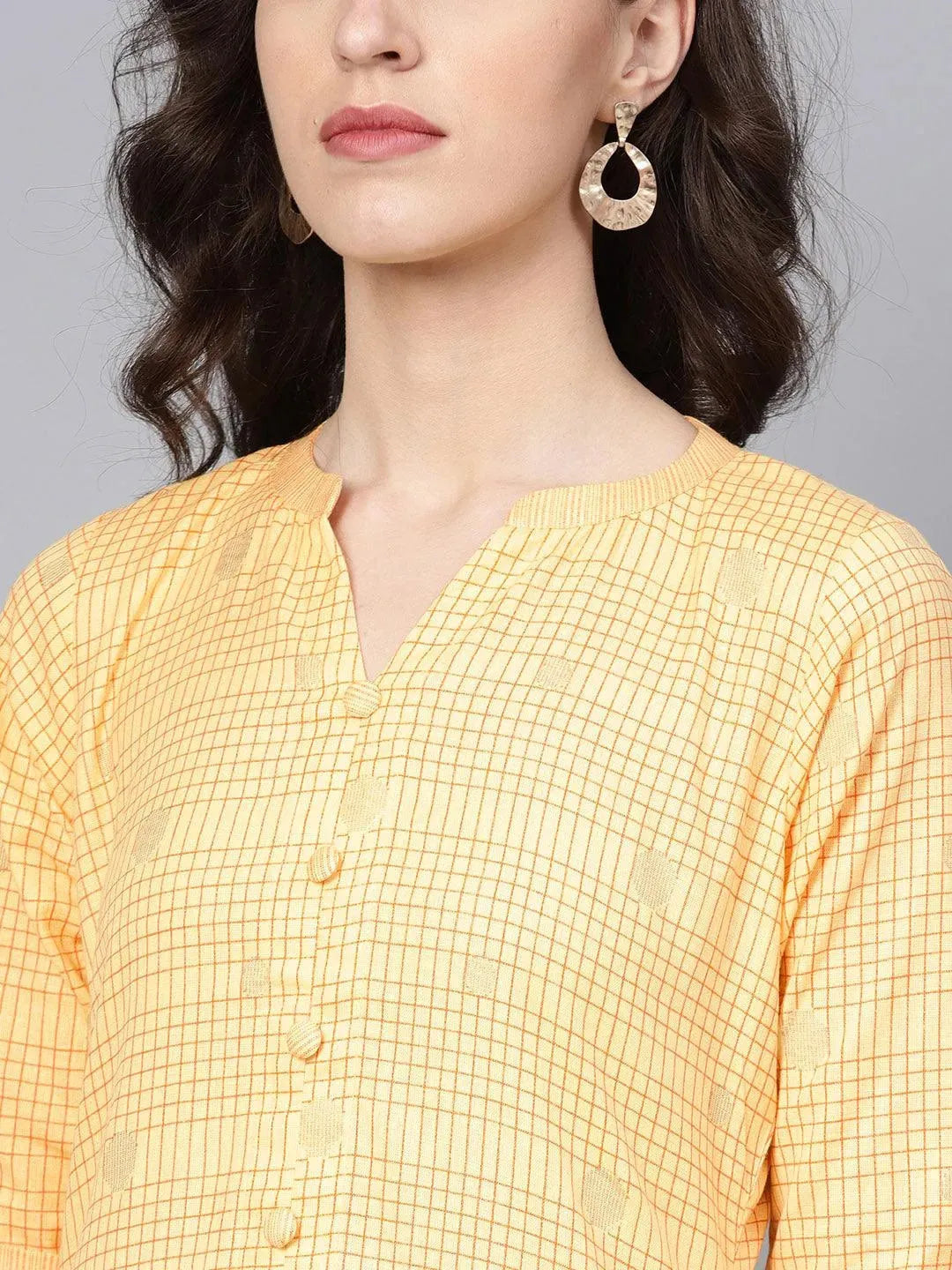 Libas Yellow Checkered Cotton A-Line Kurta With Trousers