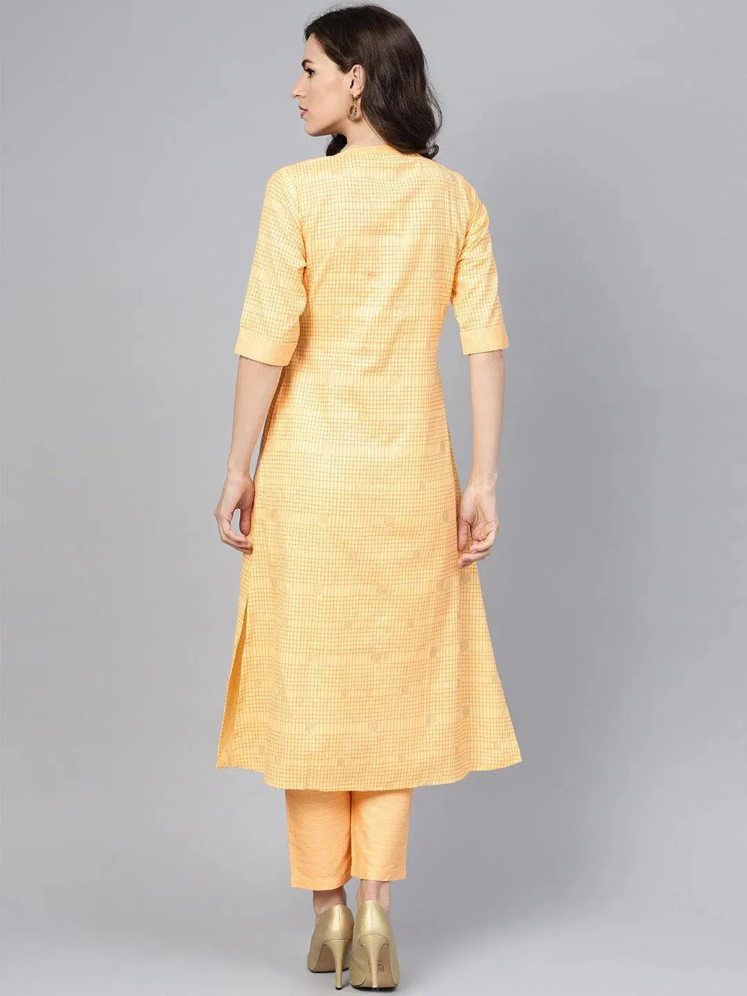 Libas Yellow Checkered Cotton A-Line Kurta With Trousers