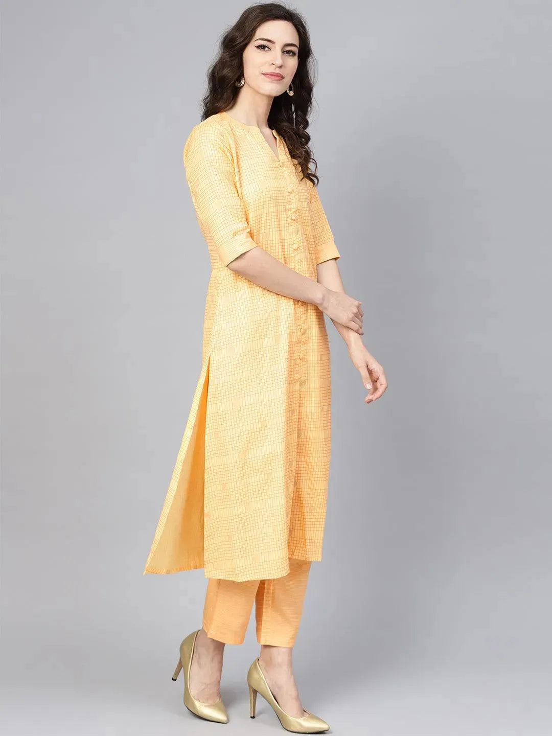 Libas Yellow Checkered Cotton A-Line Kurta With Trousers