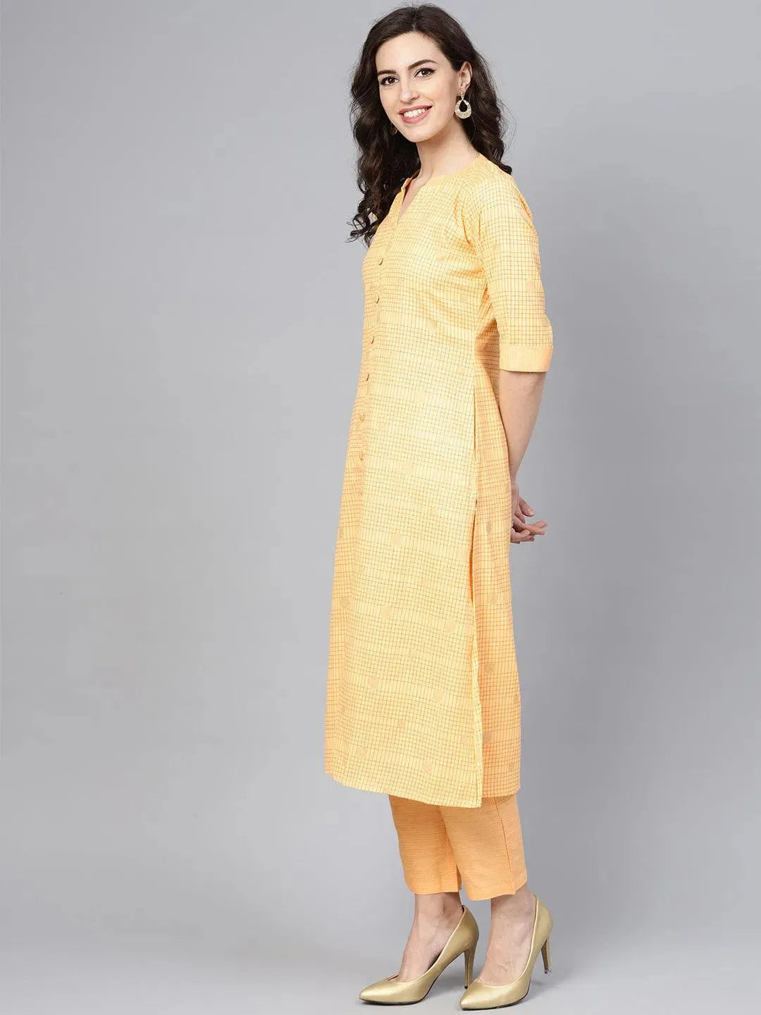 Libas Yellow Checkered Cotton A-Line Kurta With Trousers