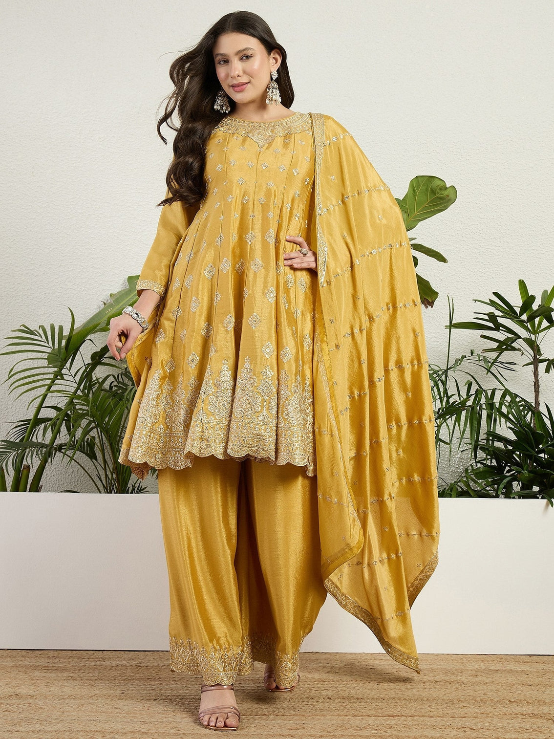 Yellow Chinon Embroidered Kurta Palazzo