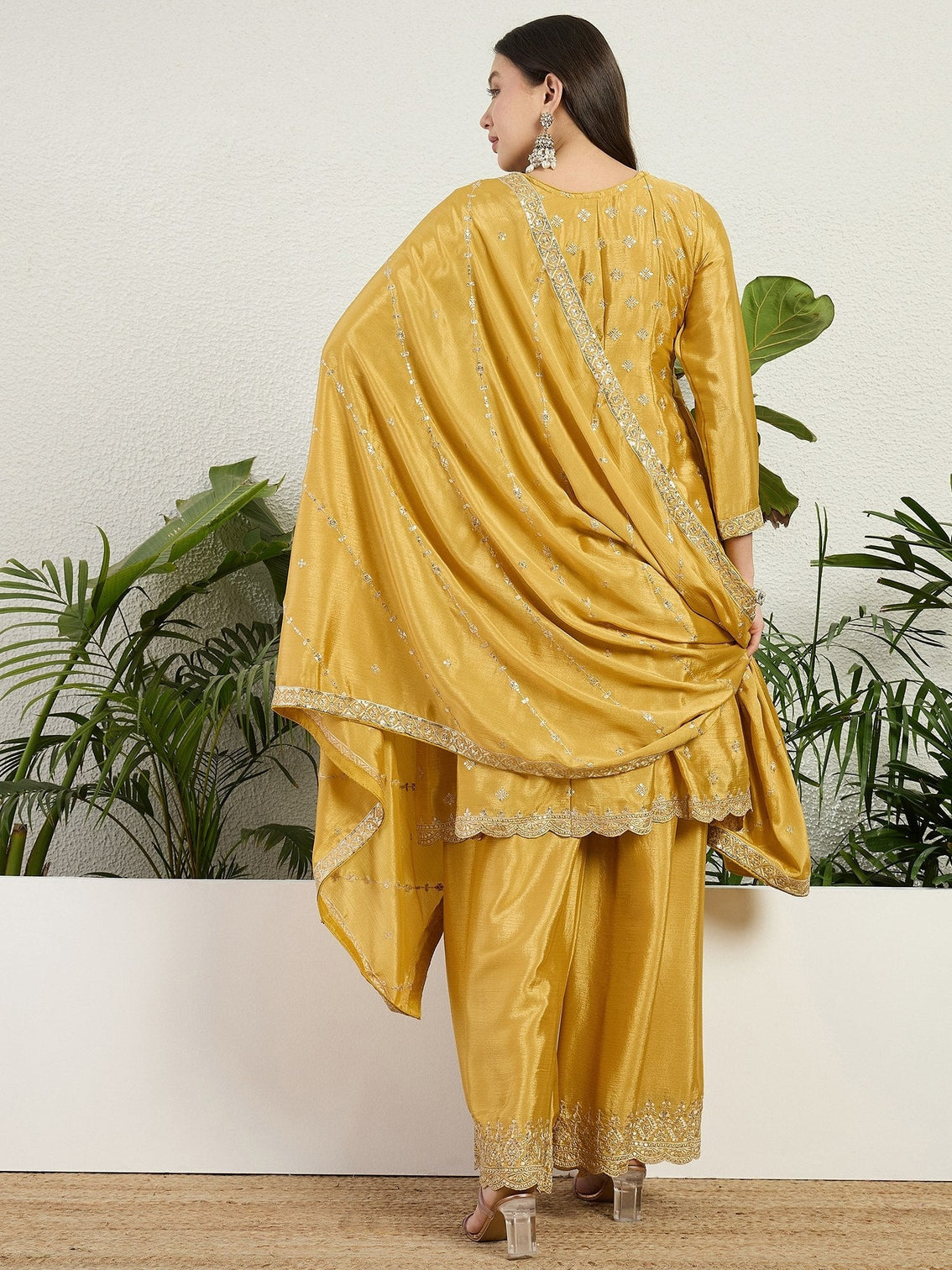 Yellow Chinon Embroidered Kurta Palazzo