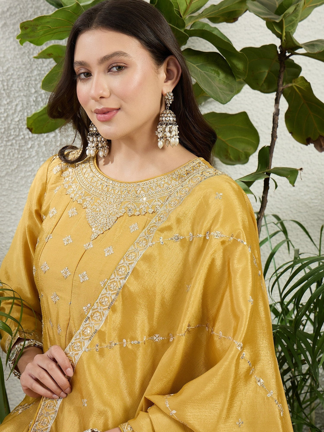 Yellow Chinon Embroidered Kurta Palazzo