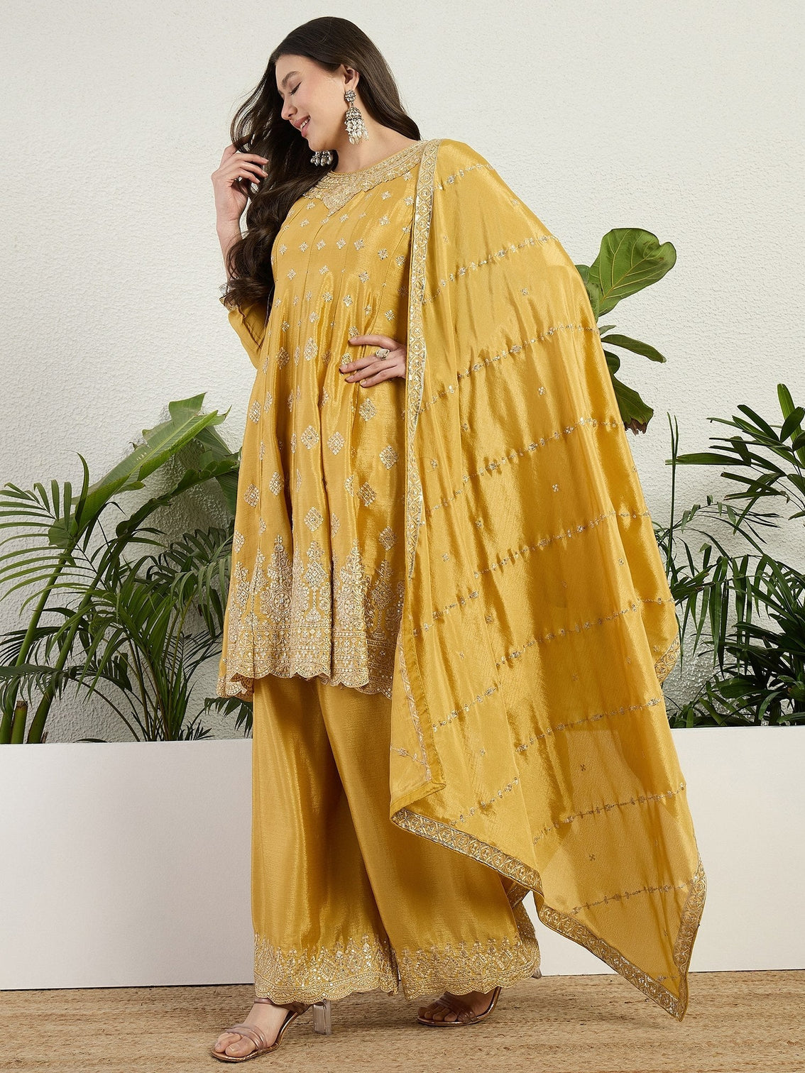 Yellow Chinon Embroidered Kurta Palazzo