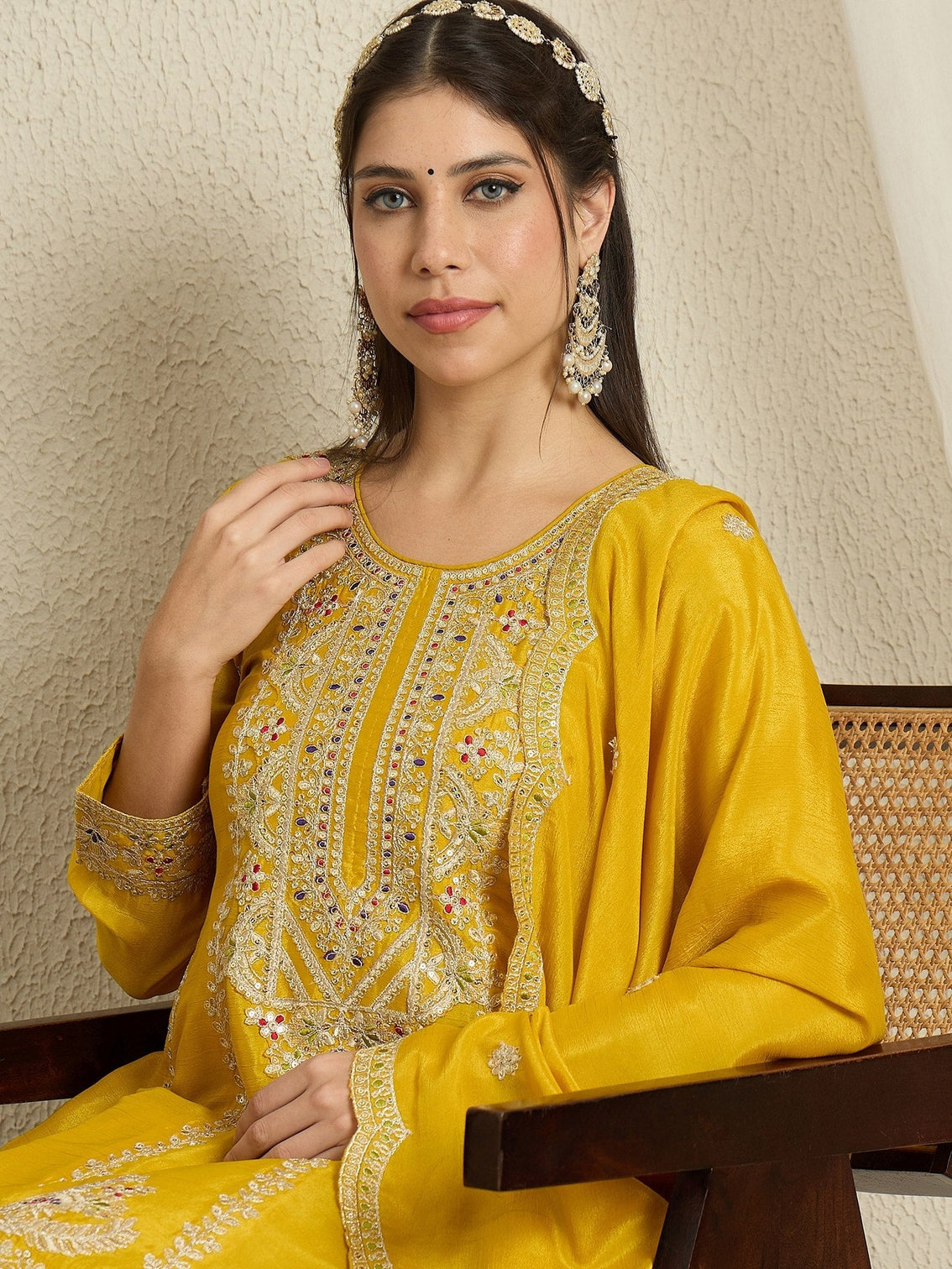 Yellow Chinon Kurta Palazzo Set