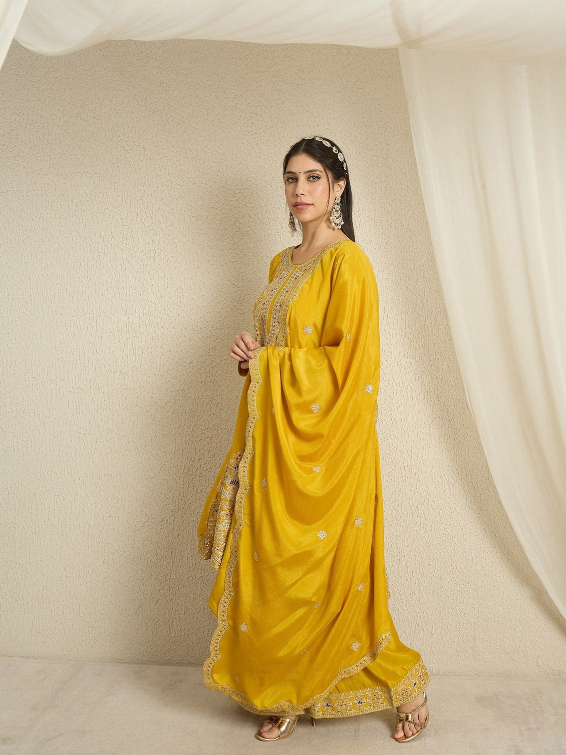 Yellow Chinon Kurta Palazzo Set