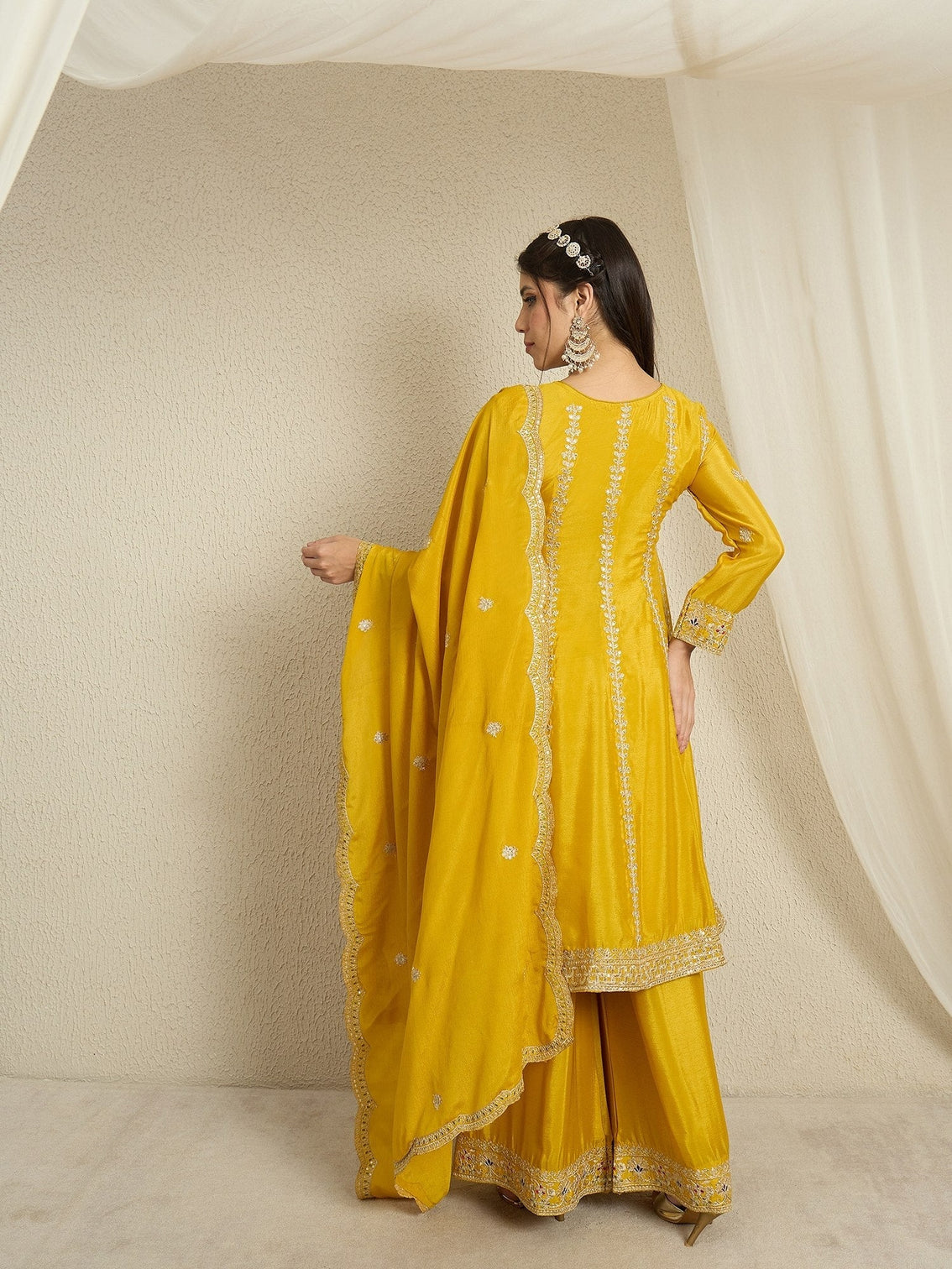 Yellow Chinon Kurta Palazzo Set
