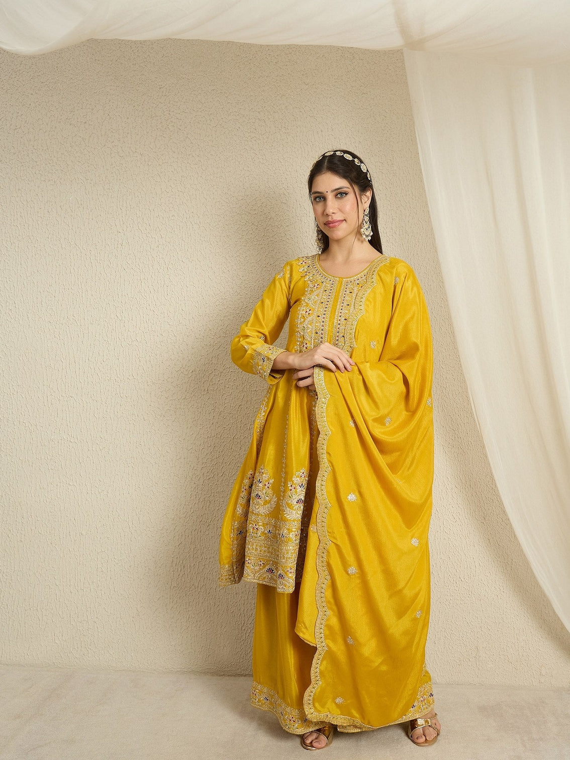 Yellow Chinon Kurta Palazzo Set