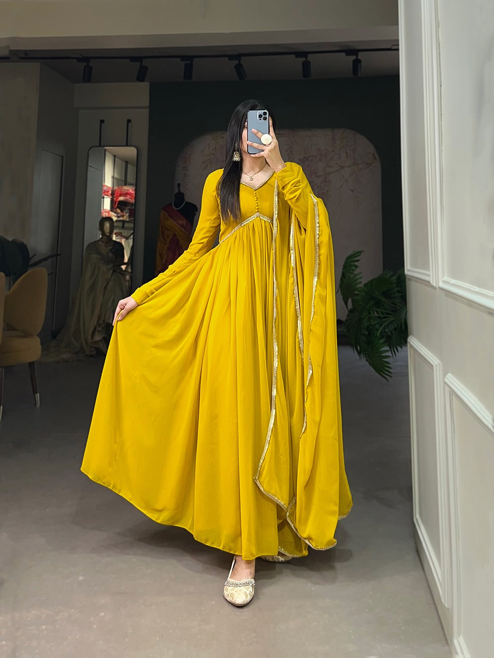 Yellow Color Alia Style Gown Elegance Personified in Georgette & Sequin