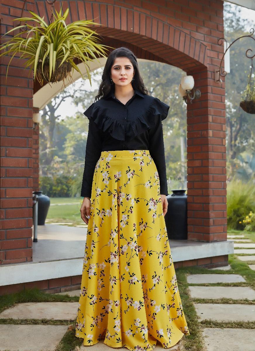 Yellow Color Digital Print Flared Lehenga Choli With Black Top